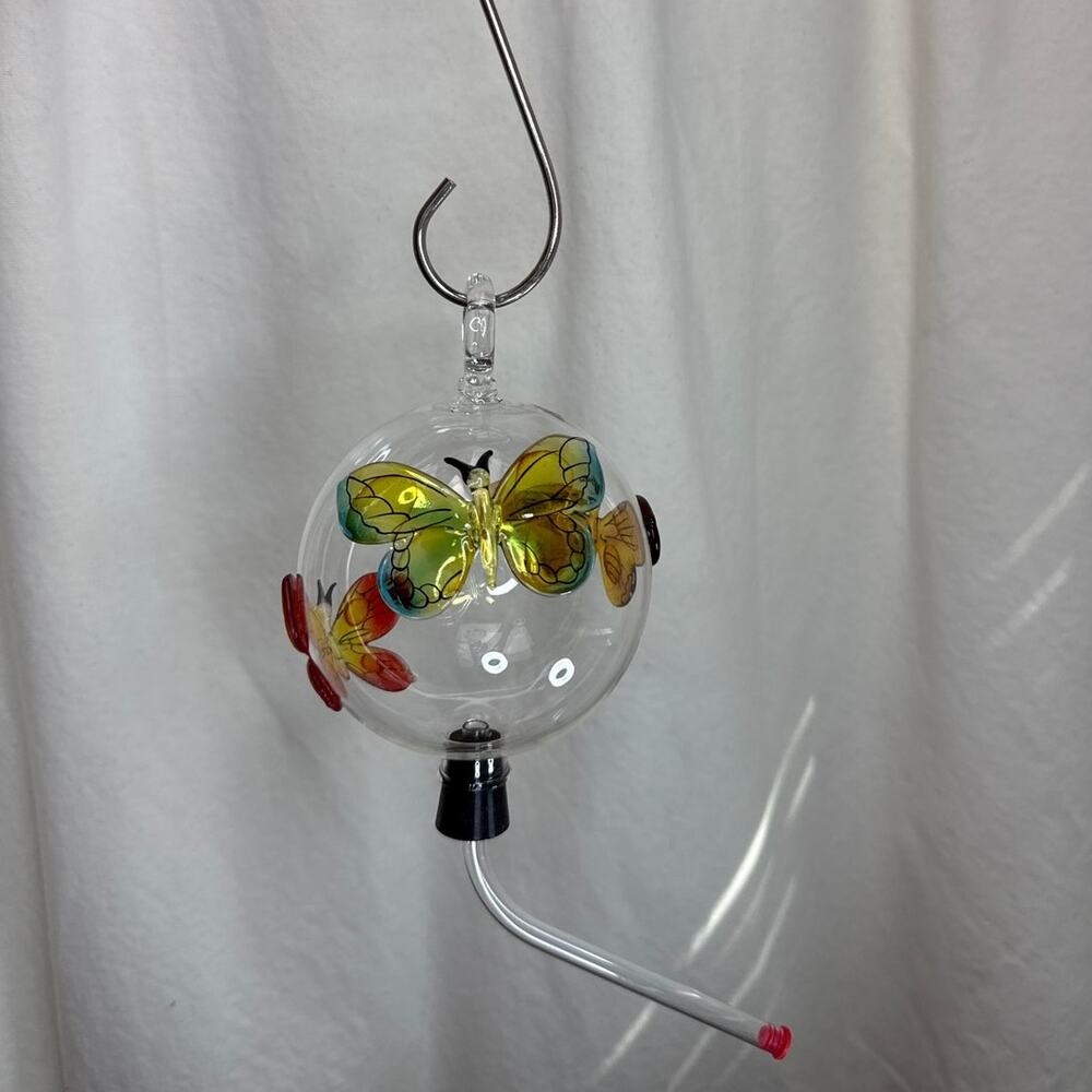 Handblown Glass Hummingbird Feeder Colorful Butterfly Details + Original Box